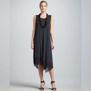 Eileen Fisher Black Shift Sleeveless Asymmetrical Mesh
Hem Stretch Midi Dress M